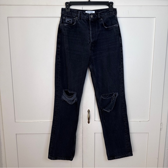 Reformation Cynthia High Rise Straight Jeans in Lagoon Destroyed Black 27 - Picture 2 of 9